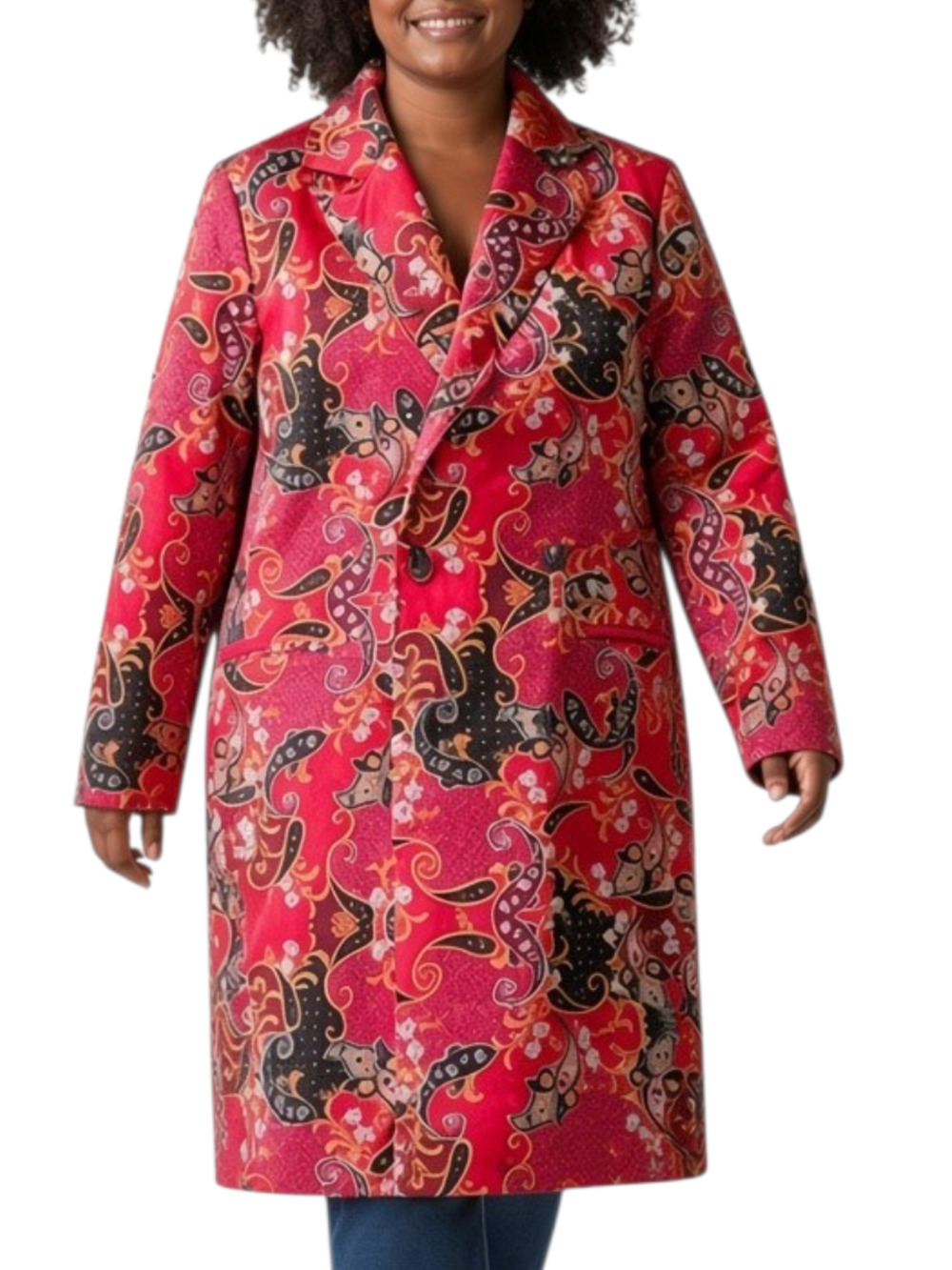 INC Red Paisley Faux Fur Long Duster Coat International Concepts Overcoat Large